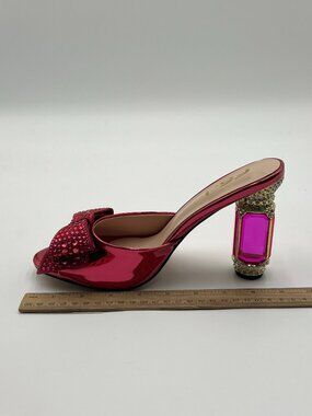 FSJ Pink Luxury Crystal Chunky Heel Mule Rhinestone Bow Peep Toe Slip On Sandals
